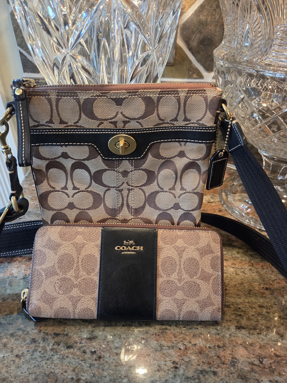 COACH Brown Signature Canvas Crossbody Bag with Wallet